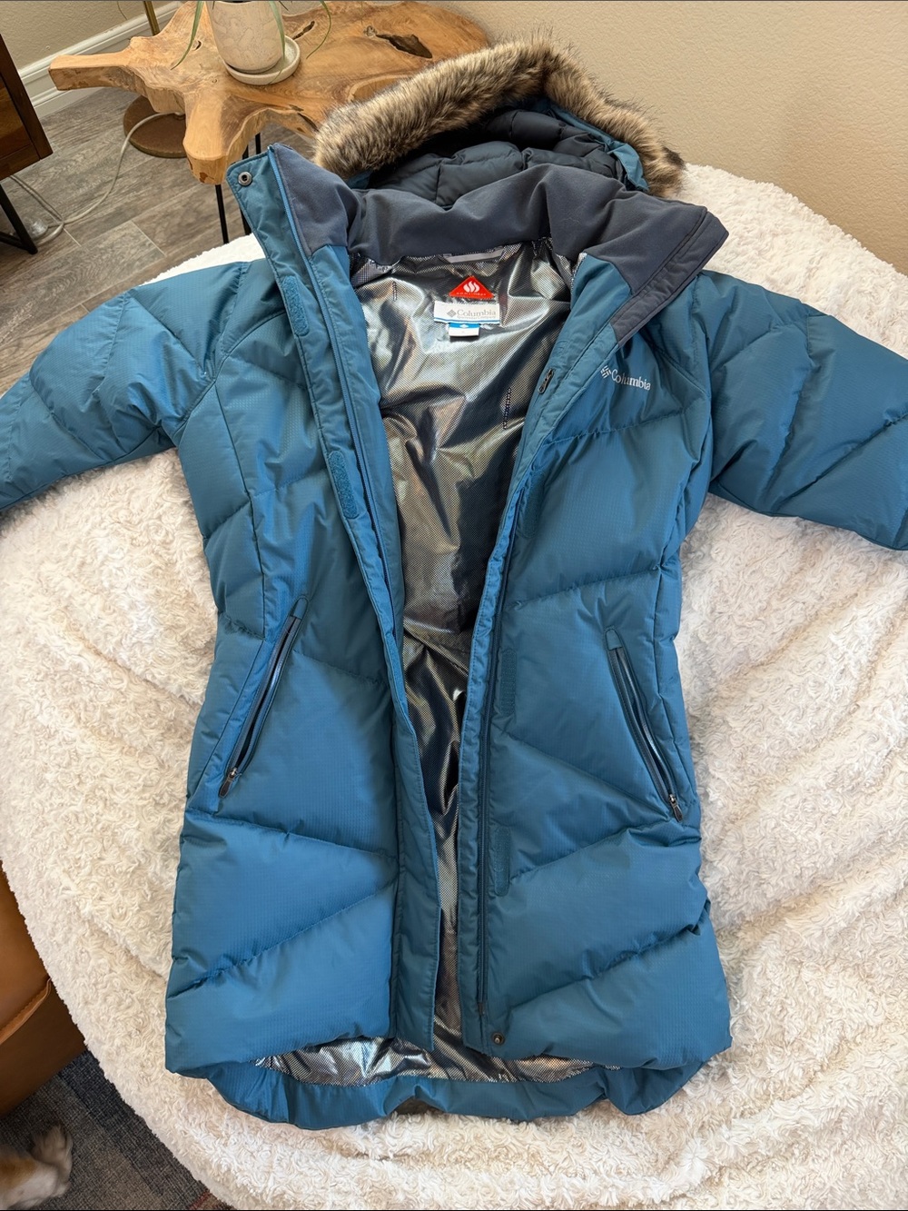 Columbia Teal Long Insulated Puffer Coat with Faux Fur Trim